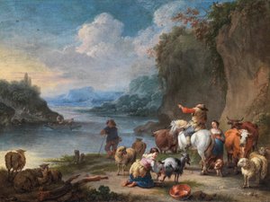 Veehoeders en hun kudde rusten uit naast een rivier door Pieter Bout