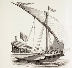 Pontificale galei met zeilen, roeispanen en zware artillerie, ca. 1808