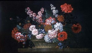 Een Stilleven van Anjers, Stocks, Pioenen, Winde en Andere Bloemen in een Mand op een Stenen Rand