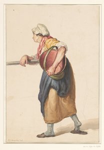 Staande vrouw met een emmer onder de arm