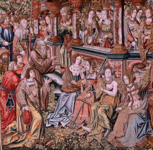 Vlaamse wandtapijt. Serie De Eerbewijzen. Deugd. Achtste wandtapijt in de serie. Model Cartonisten uit de kring van Bernard van Orley en Jan Gossaert (Mabuse). Manufacture Pieter van Aelst, Brussel. Ca 1550. door Pieter Coecke van Aelst