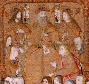 Vlaamse wandtapijt. Serie Triomfen van de Moeder of Paños de Oro. God stuurt de Aartsengel Gabriel. Eerste wandtapijt in de serie. Model Colin de Cooter (?). Manufacture Pieter van Aelst (of van Edingen), Brussel. Ca 1500-1502.