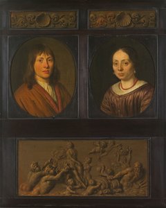 Portretten van een man en een vrouw omlijst met twee ornamentale friesminiaturen met schelpmotief en een triomf van Amphitrite
