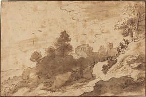 Landschap met brug en ruïnes op de achtergrond door Pieter Dircksz Santvoort