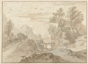 Berglandschap met twee figuren op een smalle brug