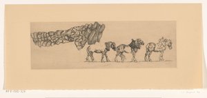 Drie trekpaarden en de lading van een hooiwagen door Pieter Dupont