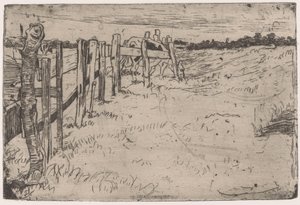 Grazende koe bij een hek in een weiland door Pieter Dupont