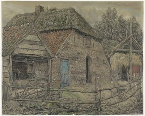 Grote boerenschuur, met een varkenshok ervoor door Pieter Dupont