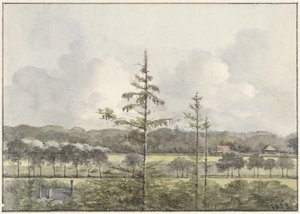 Vergezicht van weilanden met boerderijen door Pieter Ernst Hendrik Praetorius