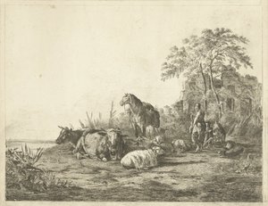 Herder en herderin met kudde vee door Pieter Gaal