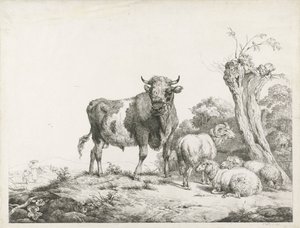 Een stier, een ram en twee liggende schapen bij een knotwilg door Pieter Gerardus van Os