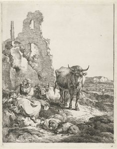 Landschap met staande en liggende koe en herderin voor een ruïne