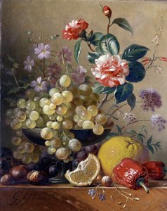 Stilleven van fruit, groenten en bloemen door Pieter Gerardus van Os