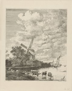 Riviergezicht met molen en koeien in het water door Pieter Gerardus van Os