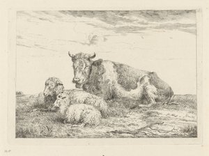 Slapende koe met schaap en lammetje door Pieter Gerardus van Os