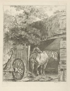 Twee paarden in een boerenschuur door Pieter Gerardus van Os