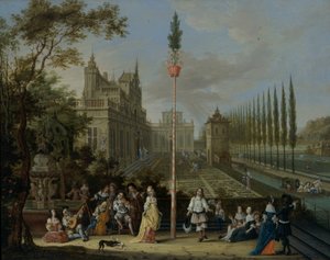 Figuren dansen rond een meiboom in de tuinen van een kasteel
