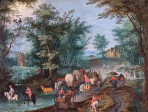 Landschap met figuren die een beek oversteken door Peeter Gijsels