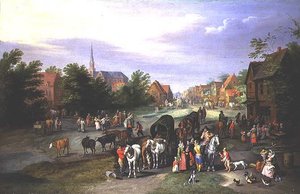 Reizigers die Rusten in een Dorp