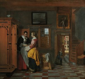 Interieur met Vrouwen naast een Linnenkist