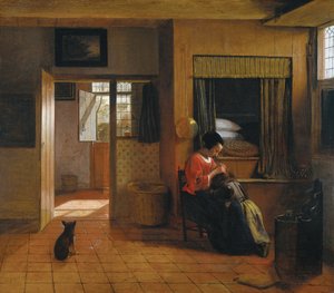 Interieur met een Moeder die het Haar van haar Kind Ontluist (Moederplicht)
