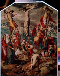 Calvaire (Calvarie). Op Golgotha, Jezus Christus gekruisigd met de twee andere ter dood veroordeelden. Hij draagt het bord INRI (I.N.R.I.) op het kruis. Aan de voet huilt Sint Maria Magdalena om de dood van Jezus, haar flesje ligt omver op de grond. Sint V