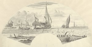 Gezicht op enkele boten op het water en een molen bij een kerk door Pieter Idserts