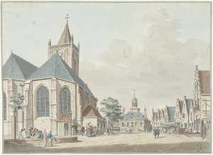 De markt te Vlaardingen met de kerk en het stadhuis