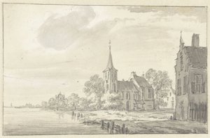 Dorpskerk en huizen aan een rivier