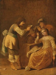 Kaartspelers met rokende vrouw