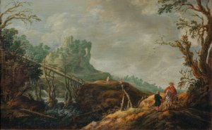 Rivierlandschap met houten brug en ruïne