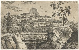 Bergachtig landschap met waterval door Pieter Langendijk (I)