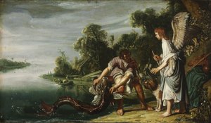 De engel en Tobias met de vis door Pieter Lastman