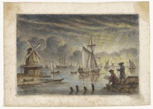 Kustgezicht met schepen, molen en een tekenaar door Pieter Louw (attributed to)