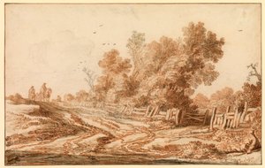 Landschap met reizigers op een weg