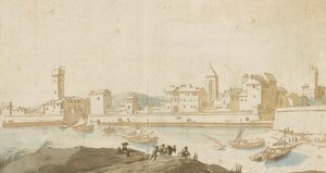 Uitzicht op Civitavecchia met de Havenmuur door Pieter Moninckx