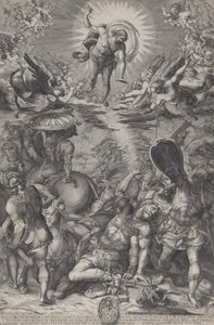 De Bekering van Saul, die op de grond ligt omringd door paarden en soldaten terwijl Christus... door Pieter Perret