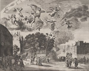 Karel II komt Den Haag binnen in een koets met rechts het Mauritshuis, uit 