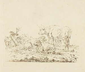 Weiland met koe en schapen