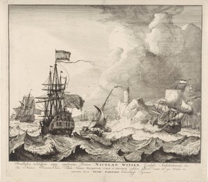 Schepen bij storm door Pieter Schenk (I)