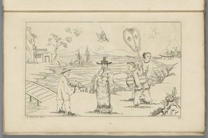 Chinese heer ontvangt thee van een bediende in een landschap door Pieter Schenk (II)