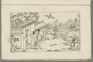 Landschap met drie Chinese vrouwen bij de deuropening van een huis (Nieuwe geinventeerde Sineesen)
