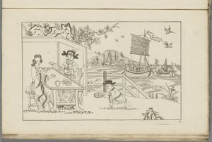Landschap met een man en een vrouw die thee drinken door Pieter Schenk (II)