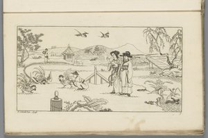 Landschap met toeschouwers bij een hanengevecht door Pieter Schenk (II)