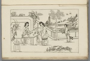 Landschap met twee Chinese vrouwen die een kaartspel spelen door Pieter Schenk (II)