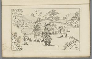 Vier Chinese figuren in een landschap door Pieter Schenk (II)