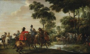 Struikrovers die een huifkar overvallen bij een bosbeek door Pieter Snayers