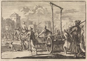 Aankomst van Stepan Razin en zijn broer Frol in een ijzeren kooi in Moskou, 1671, 1698 door Pieter Van der Aa