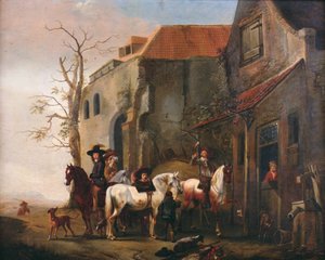 Ruiters en paarden bij de deur van een herberg door Pieter Wouwermans or Wouwerman