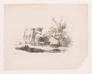 Twee koeien bij een hek en een knotwilg door Pieter de Goeje